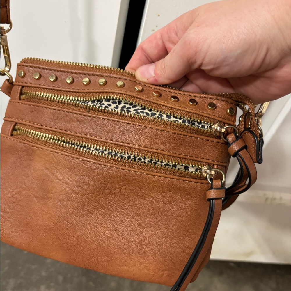 5/$25 Tan Studded Crossbody Bag with Leopard Accent